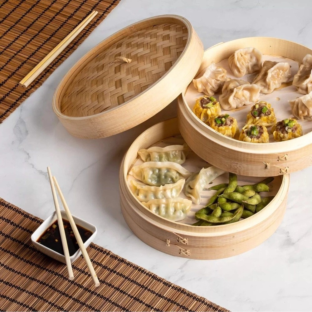 Traditional‎ 10 Inch Bamboo Steamer Basket 2 Tier for Dumplings Buns Vegetables